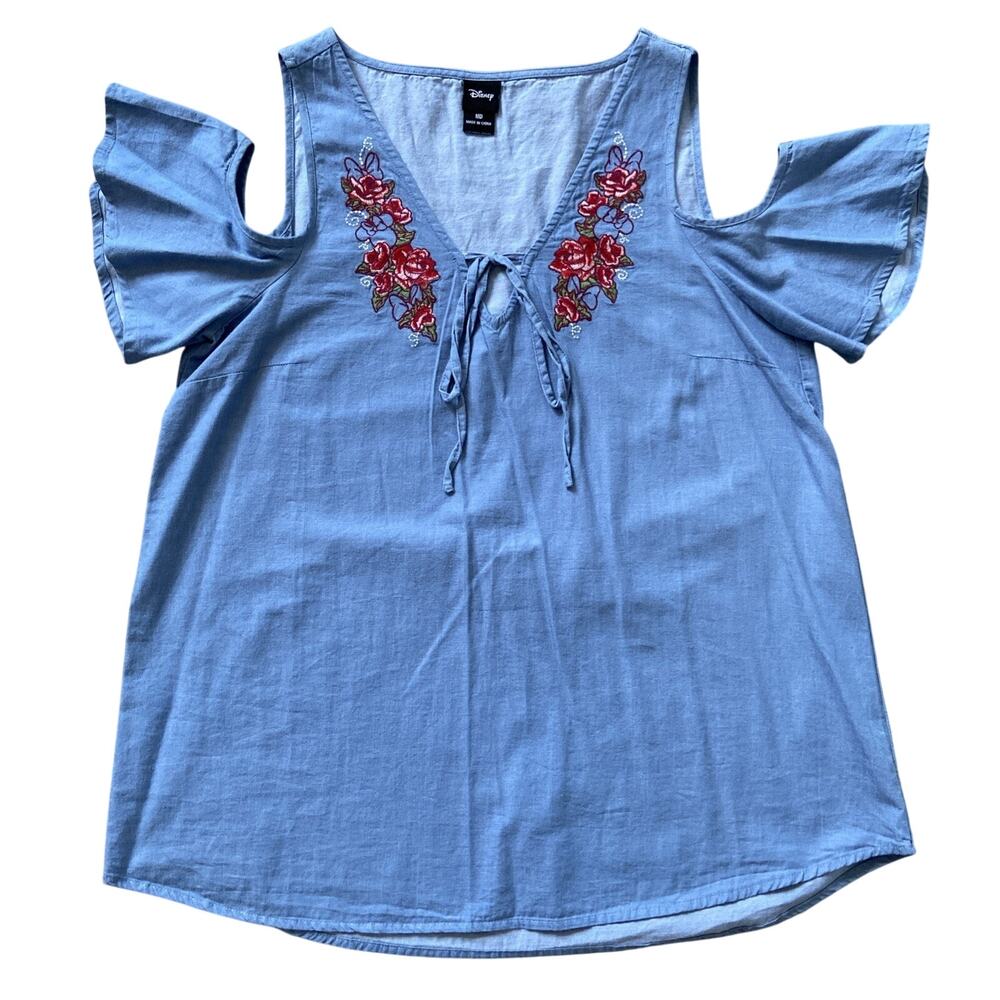 Disney Minnie Mouse Embroidered Chambray Cold Shoulder Top Sz M Blue